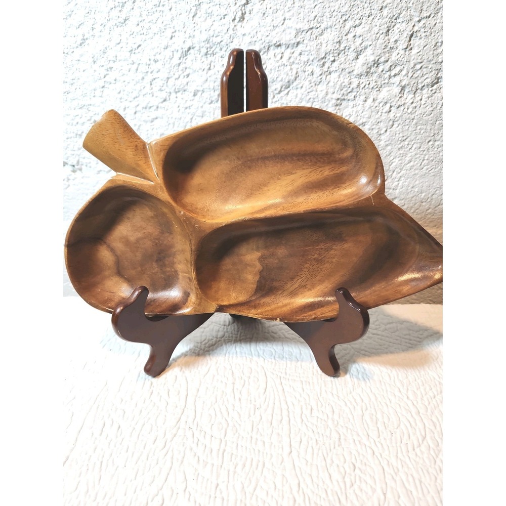 Leaf-shaped Serving Tray.  Monkey Pod Wood 3 Divided Compartments Vintage MCM